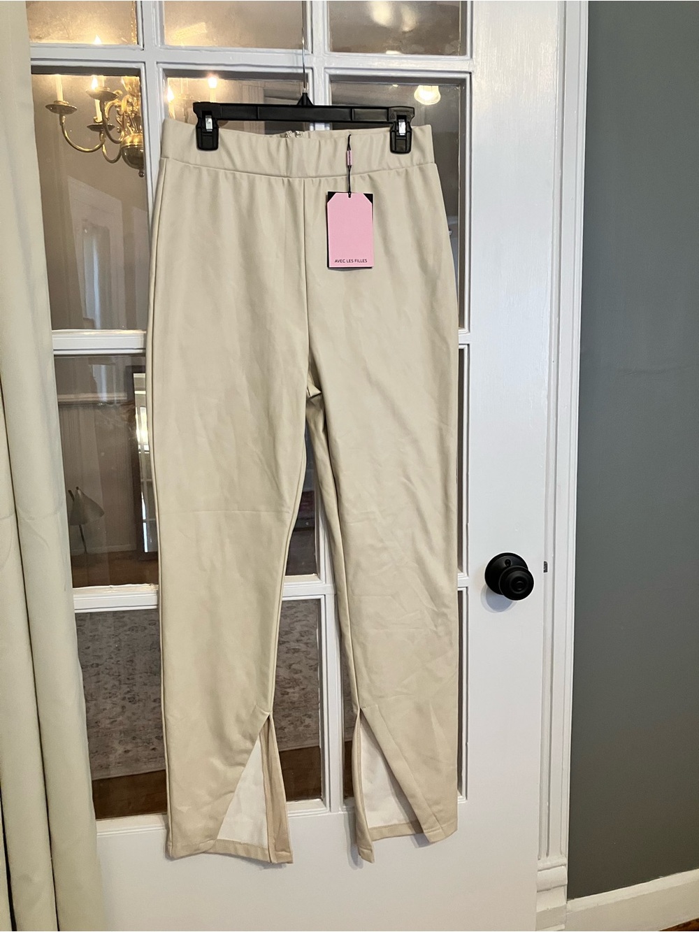 Avec Les Filles Cream Faux Leather Split Hem Pants sz M